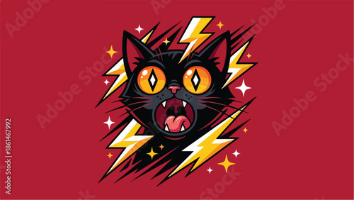 Frightened Black Cat with Wide Eyes and Lightning Bolts.