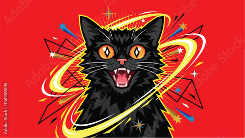 Furious black cat with glowing eyes and open mouth.