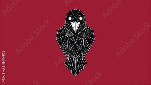 Geometric Raven Illustration on Red Background.