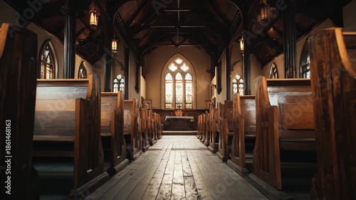Empty Church Interior with Wooden Pews, Interior of an empty church featuring rows of wooden pews and soft