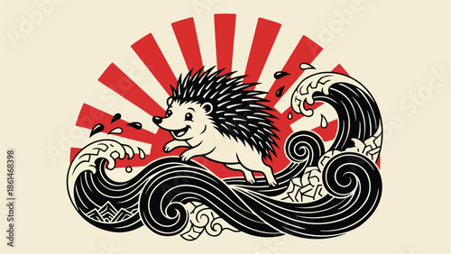 Hedgehog surfing on ocean waves with Japanese sun background.
