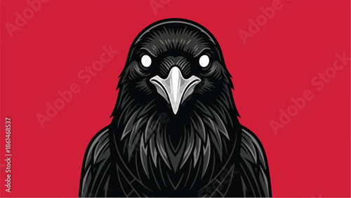 Intense black raven with glowing eyes against a vibrant red background.