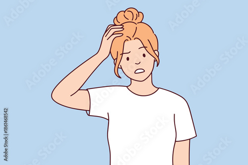 Girl looks away with puzzled expression while trying to remember something or solve a problem. Concept of memory loss, difficult choice, confusion and misunderstanding in daily life.