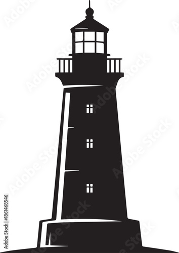 Black and white lighthouse with windows and a lantern room on a hill silhouette