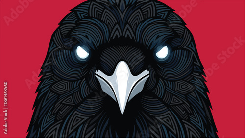 Intense closeup of a black raven with glowing eyes on a vibrant red background.