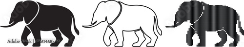 Three stylized elephant illustrations in black and white, showcasing different styles and textures, 