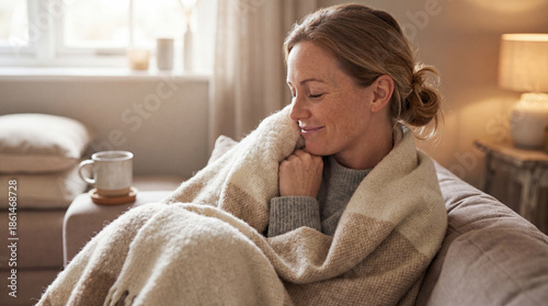 Woman smiling while wrapped in a blanket on a cozy sofa indoors  