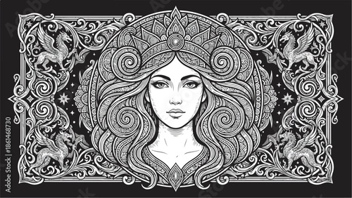 Intricate black and white illustration of a beautiful woman with flowing hair and a crown surrounded by ornate Celtic knot patterns and mythical creatures.