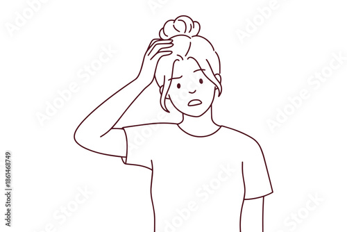 Line art of girl with bewildered expression trying to solve a problem or remember something. Outline drawing for psychology or emotional health themed coloring books.