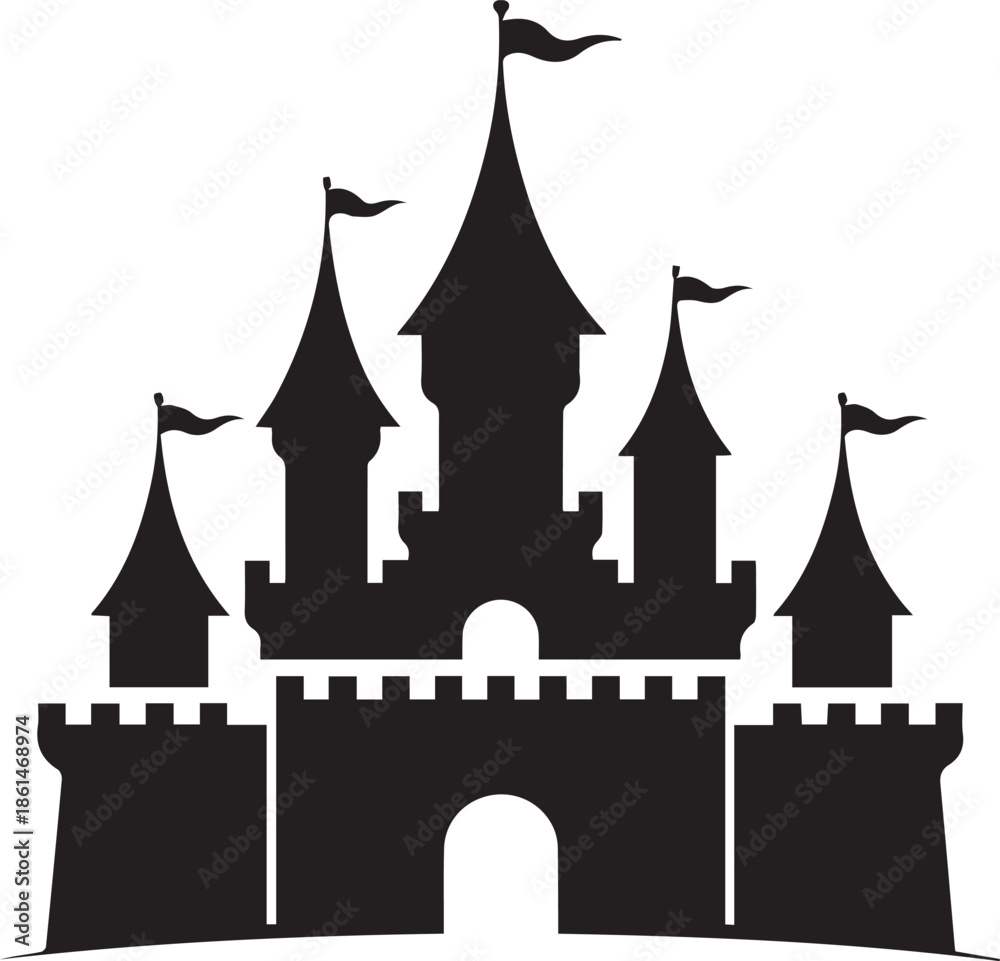 Fototapeta premium Black and white silhouette of a castle with multiple towers and flags on