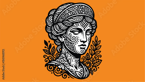 Intricate Goddess Bust with Ornate Details on Orange Background.