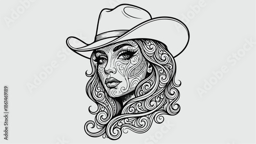 Intricate Line Art Portrait of a Cowgirl with Ornate Details.