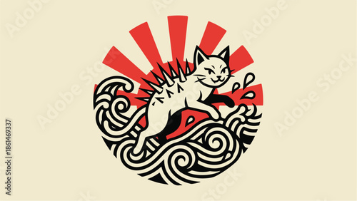 Japanese inspired cat jumping over waves with a rising sun background.