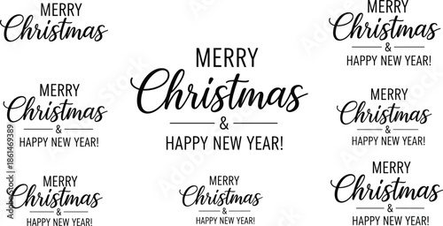 Merry Christmas and Happy New Year Text in Various Styles on White Background Keywords: merry christmas, happy new year, text