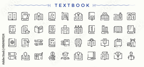 Textbook icon collection. Modern icons collection. Vector illustration. Bible icon set. Containing study, e-text, author, learning and more.