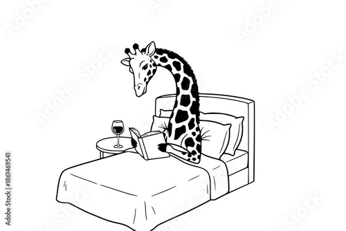 Hand-Drawn Giraffe in Bed with Wine and Book, Minimalist Black and White Cozy Bedroom Reading Illustration Generative ai 