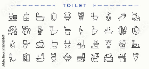 Toilet line icon set. Featuring bathroom, washroom, wc, plumbing and more. Washroom linear icon set. Simple line vector icons. Vector illustration.