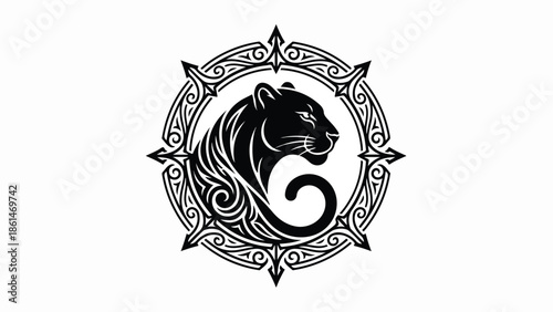 Majestic Black Panther Head in Ornate Circular Frame.