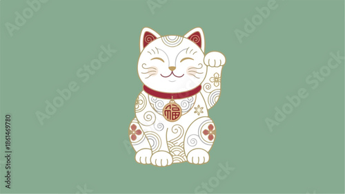 Lucky Cat Maneki Neko Japanese Fortune Charm Illustration.