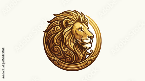 Majestic Golden Lion Head Profile in Ornate Circle.