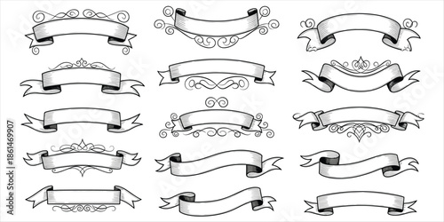 Set of Black and White Hand- Drawn Ribbon Banners and Scrolls Keywords: ribbon, banner, scroll, vintage, retro, hand-drawn, black