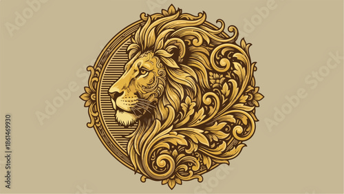 Majestic Golden Lion Head with Ornate Floral Details.
