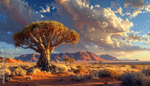 Ancient quiver tree stands tall in golden desert under dramatic sunset skies