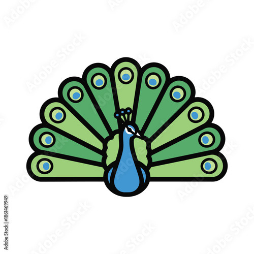 Majestic peacock with spread feathers vector illustration, flat design