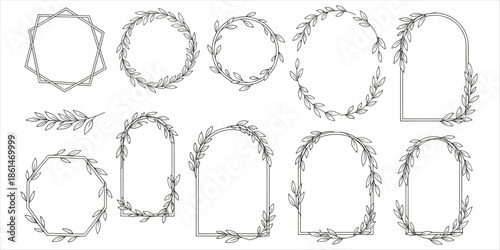 Set of Black Outline Floral Wreaths and Geometric Frames on White Background Keywords: frame, border, wreath, floral, leaf