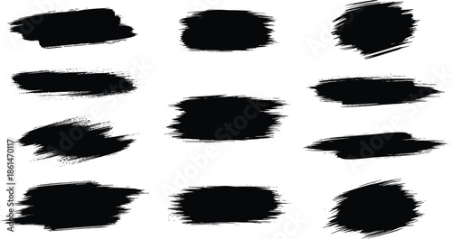 Set of Black Paint Brush Stroke Textures and Shapes with Splatter Effect Keywords: paint brush stroke, texture, shape, grunge