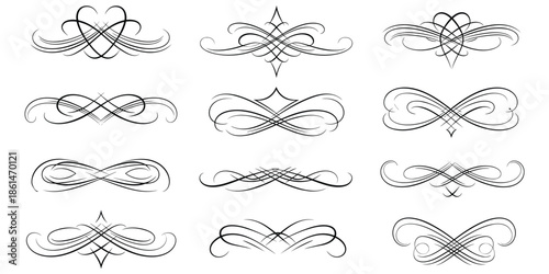 Set of elegant black calligraphic flourishes and dividers on white background decorative ornament