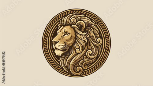 Majestic Lion Head Emblem in Ornate Gold Design.