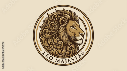 Majestic Lion Head Logo with Ornate Mane and Leo Majestas Text.