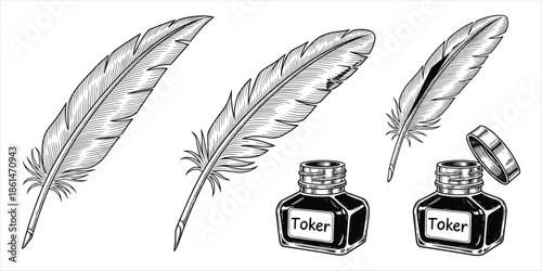 Vintage Engraved Feathers and Ink Bottles with Toker Label Keywords: feather, quill, ink bottle, vintage, engraving