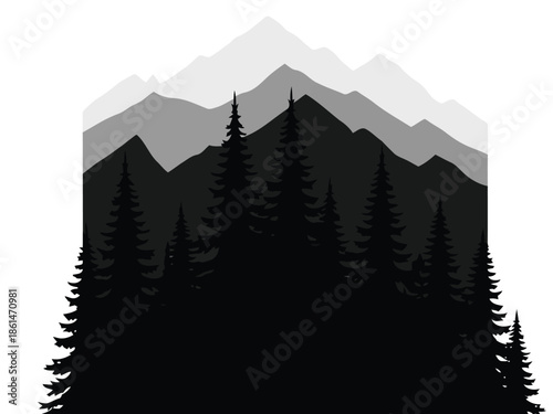 Layered Mountain Peaks Behind Dark Pine Forest Silhouette mountains summit