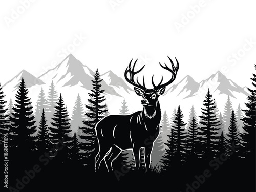Majestic stag with large antlers standing in a forest with mountains behind deer buck