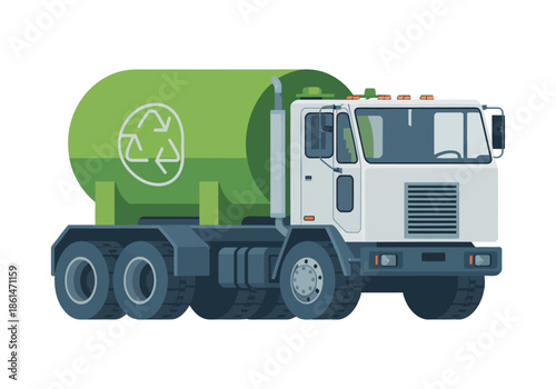 Recycling truck illustration in green and white featuring eco-friendly industrial vehicle with sustainability symbol