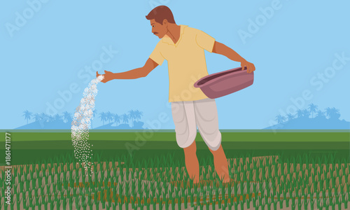 Indian farmer giving pesticide in farm land, Indian Farmer Spraying Pesticide by Hand in Green Farmland