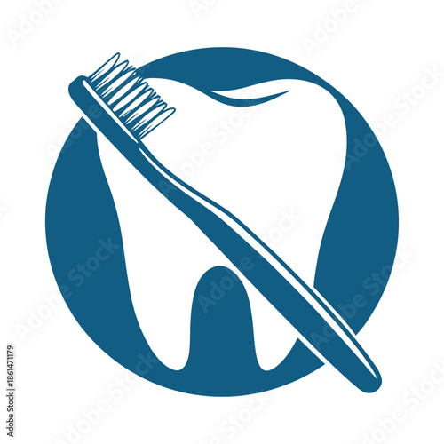 Dental hygiene logo in blue and white featuring tooth and toothbrush within circular design