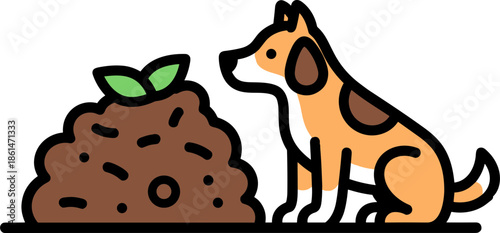 Dog sitting next to soil with a small plant sprouting on a transparent background, showcasing ecological awareness and nature conservation themes in vector illustration