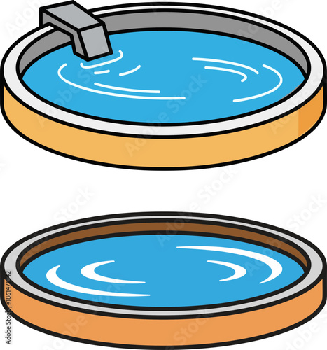Water tank with tap filling a circular pool, showing ripples, isolated on a transparent background, depicting sustainable water usage and careful management of resources.