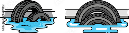 Two tires submerged in water on a pavement, depicting pollution and environmental impact, isolated on a transparent background.