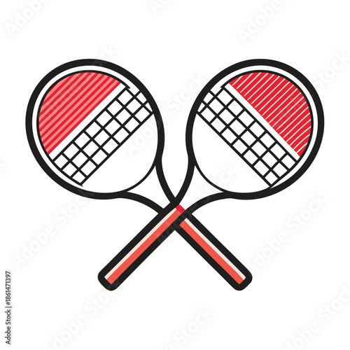 Title: Two crossed tennis rackets with red and white patterns on the strings pong
