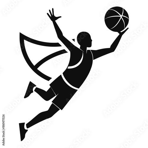 Title: Silhouette of a person playing basketball with a basketball hoop and backboard