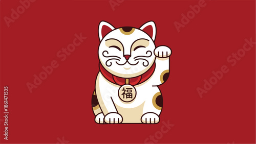 Maneki Neko Lucky Cat Waving Paw Japanese Fortune Symbol.