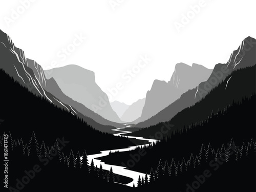 Panoramic grayscale landscape of a river valley with mountains and pine forests vector illustration