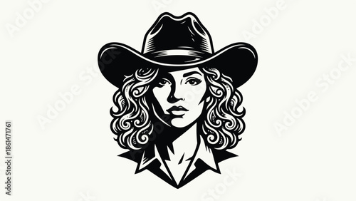 Monochromatic portrait of a determined cowgirl with curly hair and a classic cowboy hat exuding strength and independence.