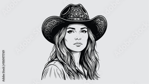 Monochromatic portrait of a woman wearing a cowboy hat with a serious expression line art style.