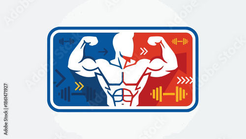 Muscular bodybuilder flexing biceps in a dynamic fitness logo design.