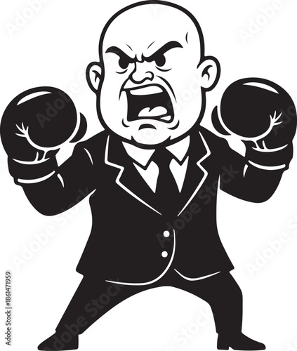 Expressive silhouette caricature angry businessman wearing boxing gloves power struggle concept
